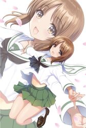 Rule 34 | 1girl, black ribbon, brown eyes, brown footwear, brown hair, cherry blossoms, girls und panzer, green skirt, highres, jumping, midriff, nishizumi miho, ooarai school uniform, open mouth, outstretched arms, ribbon, school uniform, shirt, skirt, socks, white shirt, white socks, zaofeng