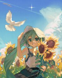 Rule 34 | 1girl, absurdres, aqua eyes, aqua hair, bare arms, bare shoulders, bird, black skirt, blue ribbon, blue sky, camisole, chinese commentary, cloud, collarbone, commentary request, coumibuzzbuzz, day, dove, field, flower, flower field, green hair, grin, hair between eyes, hand on headwear, hat, hatsune miku, highres, holding, holding flower, light particles, long hair, long skirt, outdoors, pleated skirt, ribbon, shirt, skirt, sky, sleeveless, sleeveless shirt, smile, solo, star (sky), sun hat, sunflower, sunflower field, twintails, very long hair, vocaloid, white camisole, white hat