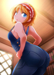 Rule 34 | 1girl, :o, alice margatroid, alternate costume, ass, bad id, bad pixiv id, bare arms, bare shoulders, bent over, blonde hair, blue eyes, blush, book, bookshelf, breasts, cowboy shot, day, denim, frills, from behind, from below, from side, hairband, hands on own hips, indoors, leaning, leaning forward, light, looking at viewer, looking back, looking down, maid headdress, medium breasts, naked overalls, no bra, open mouth, overalls, parted lips, pocket, saodake, short hair, sideboob, solo, standing, strap gap, touhou, window