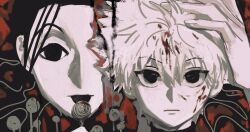 Rule 34 | 2boys, black eyes, black hair, blood, blood in hair, blood on face, brothers, closed mouth, commentary request, hand on another&#039;s head, hunter x hunter, illumi zoldyck, killua zoldyck, long hair, looking at viewer, male focus, multiple boys, shenshan laolin, short hair, siblings, tongue, tongue out, white hair