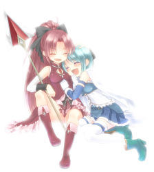 Rule 34 | 10s, 2girls, ^ ^, bad id, bad pixiv id, bloom, blue hair, boots, bow, cape, closed eyes, elbow gloves, fang, gloves, hair bow, hair ribbon, hand on another&#039;s head, happy, highres, koruri, long hair, magical girl, mahou shoujo madoka magica, mahou shoujo madoka magica (anime), miki sayaka, multiple girls, open mouth, polearm, red hair, ribbon, sakura kyoko, short hair, sitting, skirt, smile, spear, thighhighs, weapon