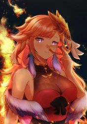 Rule 34 | 1girl, absurdres, armpits, bare shoulders, black background, breasts, cleavage, dress, earrings, embers, evening, feather earrings, feathers, fire, hair ornament, highres, hololive, hololive english, jewelry, large breasts, manakaze, mask, unworn mask, official alternate costume, orange hair, purple eyes, see-through, see-through cleavage, shawl, sideboob, simple background, smile, solo, takanashi kiara, takanashi kiara (party dress), virtual youtuber, wings