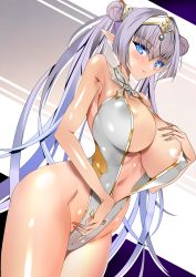Rule 34 | 1girl, areola slip, bare shoulders, blue eyes, blush, breasts, britomart (fate), center opening, cleavage, covered erect nipples, double bun, fate/grand order, fate (series), gold trim, grey hair, hair bun, hairband, highleg, highleg swimsuit, highres, large breasts, long hair, looking at viewer, navel, o-ring, one-piece swimsuit, pointy ears, solo, swimsuit, thighs, twintails, two-tone swimsuit, very long hair, white one-piece swimsuit, yahoo0124, yellow one-piece swimsuit