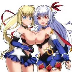 Rule 34 | 10s, 2girls, asymmetrical docking, bare shoulders, belt, blonde hair, blue eyes, breast press, breasts, cape, choker, detached sleeves, elbow gloves, eleonora viltaria, gloves, hair ornament, large breasts, limalisha, long hair, madan no ou to vanadis, midriff, multiple girls, nipples, open mouth, red eyes, side ponytail, simple background, skirt, topless, white hair