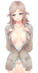 Rule 34 | 10s, 1girl, bad id, blush, bottomless, breasts, brown hair, cardigan, confusing, female focus, green eyes, heart, heart-shaped pupils, highres, kunichika yuu, large breasts, lips, long hair, looking at viewer, nipples, no bra, open clothes, open shirt, pussy, shirt, simple background, smile, solo, standing, symbol-shaped pupils, uncensored, white background, world trigger