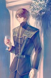 Rule 34 | 1boy, alcohol, belt, black belt, black jacket, black pants, blue eyes, brown hair, bush, column, commentary request, cup, drinking glass, dusk, expressionless, faniod, final fantasy, final fantasy viii, flower, hand up, highres, holding, holding cup, jacket, leaning back, long sleeves, looking to the side, male focus, military jacket, military uniform, outdoors, pants, pillar, red wine, scar, scar on face, seed uniform (ff8), short hair, shoulder strap, solo, squall leonhart, uniform, upper body, white flower, wine, wine glass