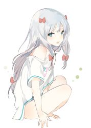 Rule 34 | 10s, 1girl, :d, bare legs, bare shoulders, blue eyes, bow, breasts, clothes writing, colored eyelashes, eromanga sensei, full body, gradient hair, hair bow, indian style, izumi sagiri, long hair, looking at viewer, low-tied long hair, lpip, multicolored hair, no pants, off shoulder, open mouth, pink hair, red bow, sidelocks, silver hair, simple background, sitting, sketch, smile, solo, tsurime, very long hair, white background