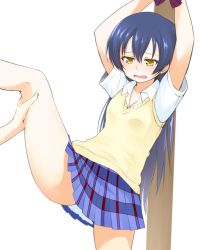 Rule 34 | arms up, blue hair, blush, bound, bound wrists, commentary request, hair between eyes, leg up, lifting another&#039;s clothes, long hair, love live!, love live! school idol project, nanotsuki, otonokizaka school uniform, plaid, plaid skirt, pleated skirt, school uniform, shirt, short sleeves, simple background, skirt, smile, solo focus, sonoda umi, spread legs, standing, standing on one leg, tearing up, vest, white background, white shirt, yellow eyes