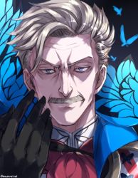 Rule 34 | 1boy, black gloves, blue eyes, bug, butterfly, facial hair, fate/grand order, fate (series), gloves, grey hair, insect, james moriarty (archer) (fate), male focus, mustache, portrait, smile, solo, somechime (sometime1209), twitter username