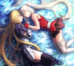 Rule 34 | 2girls, armor, armored dress, blonde hair, blue eyes, dress, closed eyes, fate/apocrypha, fate/grand order, fate (series), faulds, gauntlets, gloves, holding hands, jeanne d&#039;arc (fate), jeanne d&#039;arc (ruler) (fate), kkkok  a, long hair, lying, marie antoinette (fate), multiple girls, on side, silver hair, skirt, smile, thighhighs, twintails, very long hair, yuri