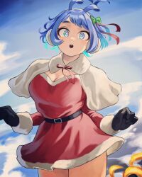 Rule 34 | 1girl, alternate costume, belt, black belt, black gloves, blue eyes, blue hair, blue sky, boku no hero academia, bow, breasts, capelet, cleavage, cloud, day, dress, drill hair, energy, fengling (furin-jp), fur-trimmed dress, fur trim, gloves, green bow, hadou nejire, hair bow, highres, large breasts, looking at viewer, midair, official alternate hair length, official alternate hairstyle, outdoors, red dress, santa dress, short hair, sky, solo, twin drills, white capelet