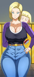 Rule 34 | 2girls, age difference, android 18, arm behind back, belt, blonde hair, blue eyes, blue jeans, blue pants, bob cut, breasts, carrying, carrying over shoulder, cleavage, closed mouth, covered erect nipples, cowboy shot, curvy, denim, dragon ball, dragon ball super, dragonball z, earrings, feet out of frame, female focus, groin, hand on own hip, happy, highres, hoop earrings, huge breasts, indoors, jeans, jewelry, legs, looking at viewer, marron (dragon ball), mature female, medium hair, mother and daughter, multiple girls, pants, pinkpawg, short hair, size difference, smile, standing, thick thighs, thighs, two-tone shirt, wide hips