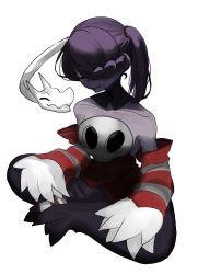 Rule 34 | 1girl, 404.exe, blue hair, blue skin, collarbone, colored skin, detached collar, detached sleeves, dress, closed eyes, hair over one eye, highres, leviathan (skullgirls), long sleeves, side ponytail, sitting, skullgirls, smile, solo, squigly (skullgirls), stitched mouth, stitches, white background