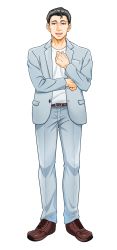 Rule 34 | 1boy, a.i. voice, absurdres, arm across chest, belt, black eyes, black hair, blue jacket, blue pants, blue suit, brown footwear, formal, full body, fuyaketa, hand on own chest, highres, jacket, kazami souichi, looking at viewer, male focus, official art, open clothes, open jacket, open mouth, pants, shirt, smile, solo, suit, transparent background, white shirt