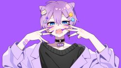 Rule 34 | 1boy, ahoge, animal (vocaloid), bandaid, bandaid on arm, bat hair ornament, black choker, black nails, black shirt, blouse, blue eyes, blush, bow, cat hair ornament, choker, collarbone, commentary request, cone hair bun, drooling, earrings, facial mark, fangs, hair bow, hair bun, hair ornament, hairclip, heart, heart choker, highres, hololive, jewelry, looking at viewer, nail polish, nekomata okayu, official art, open mouth, paw hair ornament, purple background, purple hair, purple nails, saliva, shiroko, shirt, short hair, simple background, solo, star (symbol), star hair ornament, virtual youtuber, vocaloid, yupekun