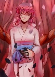 Rule 34 | 1girl, black blood, bleeding, blood, blood on clothes, bug, butterfly, cherry blossoms, closed eyes, clutching chest, colored blood, dilaih, dying, hand on own stomach, insect, japanese clothes, kimono, long hair, obi, petals, pink hair, rope, saigyou ayakashi, saigyouji yuyuko, saigyouji yuyuko (living), sash, shide, shimenawa, solo, standing, touhou, tree, wavy hair