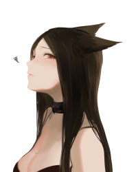 Rule 34 | 1girl, absurdres, akito (d30n26), bare shoulders, black collar, breasts, brown dress, brown hair, cleavage, closed mouth, collar, commentary request, dress, eyelashes, half-closed eyes, highres, lips, long hair, looking at viewer, medium breasts, mole, mole on breast, mole on neck, mole under eye, mole under mouth, nose, original, pink lips, red eyes, simple background, sleeveless, sleeveless dress, slit pupils, solo, squiggle, upper body, white background