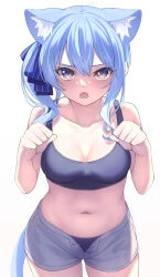 Rule 34 | 1girl, absurdres, animal ear fluff, animal ears, aoi zerii, bare shoulders, blue eyes, blue hair, blue ribbon, blush, breasts, cat ears, cat girl, cat tail, cleavage, collarbone, hair between eyes, hair ribbon, highres, hololive, hoshimachi suisei, looking at viewer, medium breasts, medium hair, navel, open mouth, ribbon, side ponytail, star (symbol), star in eye, symbol in eye, tail, thighs, virtual youtuber
