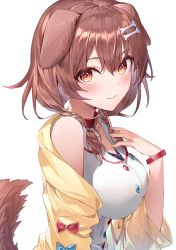 Rule 34 | 1girl, animal ears, bad id, bad twitter id, bone hair ornament, bow, bracelet, braid, breasts, brown eyes, brown hair, collar, dog ears, dog girl, dog tail, hair ornament, hakuishi aoi, hand on own chest, highres, hololive, inugami korone, inugami korone (1st costume), jacket, jewelry, large breasts, looking at viewer, shirt, simple background, smile, solo, tail, twin braids, virtual youtuber, white background, white shirt, yellow jacket