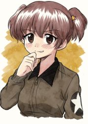 Rule 34 | 10s, 1girl, alisa (girls und panzer), blush, brown eyes, brown hair, brown jacket, commentary, cropped torso, emblem, evil grin, evil smile, freckles, girls und panzer, grin, hair ornament, hand on own chin, jacket, long sleeves, looking at viewer, meis (terameisu), military, military uniform, saunders military uniform, short hair, short twintails, simple background, smile, solo, star (symbol), star hair ornament, twintails, two-tone background, uniform, upper body, white background, yellow background