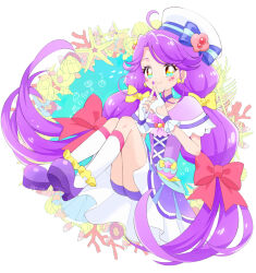 Rule 34 | 1girl, bike shorts, bow, capelet, choker, coral, crossed fingers, cure coral, dress, facial mark, fingerless gloves, floating, gloves, hair bow, hat, hat bow, heart, heart facial mark, heart in eye, highres, long hair, looking at viewer, magical girl, multicolored eyes, pouch, precure, purple capelet, purple choker, purple dress, purple footwear, purple hair, purple shorts, red bow, sailor hat, shell brooch, shoes, short dress, shorts, shorts under dress, socks, solo, suzumura sango, symbol in eye, tropical-rouge! precure, twitter username, very long hair, white gloves, white hat, white socks, yellow bow, yui (kanatamoo)