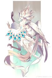 Rule 34 | animal focus, beak, bird wings, blue eyes, claws, feathered wings, from side, full body, griffin, head wings, highres, looking at viewer, monster, multiple wings, natuooooooooooo, no humans, original, profile, simple background, tail, talons, white background, wings