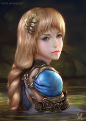 Rule 34 | 1girl, armor, armored dress, blonde hair, blue eyes, braid, closed mouth, commentary, deviantart username, from behind, hair ornament, long hair, looking at viewer, looking back, partially submerged, pauldrons, raphire, red lips, shoulder armor, shoulder pads, signature, single braid, solo, sophitia alexandra, soul calibur, water