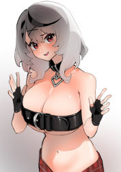 Rule 34 | 1girl, belt bra, breasts, cleavage, dismassd, fingerless gloves, gloves, grey hair, heart pendant, highres, hololive, large breasts, multicolored hair, navel, red eyes, sakamata chloe, simple background, solo, streaked hair, virtual youtuber, white background