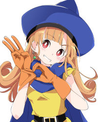 Rule 34 | 1girl, alena (dq4), belt, black belt, blue cape, blue hat, blush, cape, curly hair, dragon quest, dragon quest iv, earrings, gloves, hat, ixy, jewelry, long hair, looking at viewer, orange gloves, orange hair, red eyes, simple background, smile, solo, white background