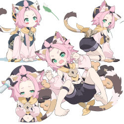 Rule 34 | 1girl, 1other, absurdres, aiee, all fours, animal ear fluff, animal ears, aqua eyes, bangs pinned back, barefoot, black shorts, blush, blush stickers, cat ears, cat girl, cat tail, claw pose, closed mouth, commentary request, detached sleeves, diona (genshin impact), disembodied limb, forehead, genshin impact, headpat, highres, long sleeves, lying, midriff, multicolored tail, multiple views, navel, on back, open mouth, pink hair, pink sleeves, puffy long sleeves, puffy sleeves, short eyebrows, short hair, short shorts, shorts, simple background, tail, thick eyebrows, toenails, toes, white background