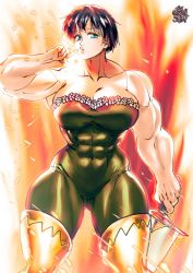 Rule 34 | 1girl, abs, black hair, blue eyes, bodysuit, breasts, cleavage cutout, clothing cutout, female focus, gawain (mokushiroku no yonkishi), highres, large breasts, mokushiroku no yonkishi, muscular, muscular arms, muscular female, muscular legs, nanatsu no taizai, pointing, pout, red background, short hair, solo, sword, the golden smurf, weapon