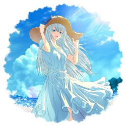 Rule 34 | 1girl, :d, blue bow, blue eyes, blue ribbon, blue sky, bow, cloud, collarbone, colored eyelashes, day, dress, floating hair, flower, hat, hat bow, hat flower, highres, long hair, looking at viewer, ocean, open mouth, original, outdoors, ribbon, ryuga (balius), short sleeves, sky, smile, solo, standing, straw hat, sun hat, sundress, very long hair, white dress, white flower, white hair, yellow hat