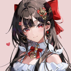 Rule 34 | 1girl, black hair, bow, chyoel, collar, detached collar, earrings, hair bow, hair ornament, half updo, heart, heart earrings, highres, jewelry, long hair, looking at viewer, neck ribbon, original, pink background, red bow, red eyes, red ribbon, ribbon, simple background, smile, solo, white collar