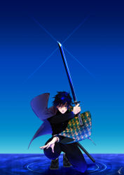 Rule 34 | 1boy, arm up, bad id, bad pixiv id, black jacket, black pants, blue eyes, blue hair, blue sky, buttons, day, fighting stance, full body, glowing, haori, highres, holding, holding sword, holding weapon, jacket, japanese clothes, katana, kimetsu no yaiba, krtliki, long sleeves, looking at viewer, male focus, on one knee, open clothes, open mouth, pants, ripples, sandals, sheath, signature, sky, solo, squatting, standing, standing on liquid, sword, tomioka giyuu, uniform, watermark, weapon, wide sleeves