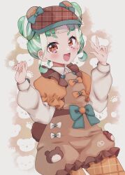 Rule 34 | 1girl, :d, animal print, bear hat, bear print, bear tail, blue bow, blunt bangs, bow, brown shirt, cabbie hat, chii (chi pppuri), chimumu, collared shirt, commentary request, cowboy shot, double bun, green hair, hair bun, hands up, hat, highres, long sleeves, looking at viewer, multicolored hair, open mouth, orange bow, pantyhose, pretty series, red eyes, shirt, short hair, sidelocks, smile, solo, standing, star sticker, sticker on face, streaked hair, tail, w, waccha primagi!, white hair