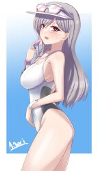 Rule 34 | 1girl, a.nori, absurdres, blue background, brown eyes, competition swimsuit, cowboy shot, eyewear on head, gradient background, grey hair, highres, idolmaster, idolmaster shiny colors, one-piece swimsuit, parted bangs, solo, standing, sunglasses, swimsuit, two-tone swimsuit, visor cap, whistle, whistle around neck, white one-piece swimsuit, yukoku kiriko