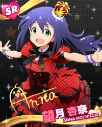 Rule 34 | 10s, 1girl, blue eyes, blue hair, card (medium), character name, character signature, crown, cuff links, dress, idolmaster, idolmaster million live!, long hair, looking at viewer, matching hair/eyes, mini crown, mochizuki anna, official art, outstretched arms, plaid, plaid dress, prologue rouge (idolmaster), ribbon, signature, smile, solo