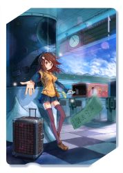Rule 34 | 1girl, bag, between breasts, breasts, brown hair, checkered floor, clock, cloud, hair ornament, hairclip, highres, kamome yuu, luggage, miniskirt, original, outstretched arms, red eyes, short shorts, shorts, shorts under skirt, skirt, sky, solo, strap between breasts, thighhighs, train station