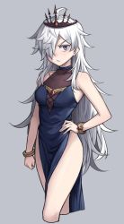 Rule 34 | bad id, bad twitter id, bracelet, crown, dress, grey background, hair over one eye, hand on own hip, highres, jewelry, original, peach88, pelvic curtain, simple background, thighs, white hair