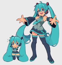 Rule 34 | 1girl, ahoge, bare shoulders, black skirt, boots, breasts, chibi, detached sleeves, flying sweatdrops, full body, green eyes, green hair, green skirt, grey background, hair ornament, hatsune miku, headphones, long hair, long sleeves, looking at viewer, miniskirt, multiple views, necktie, open mouth, outstretched arms, pleated skirt, shirt, simple background, skirt, slammo, small breasts, smile, standing, teeth, thigh boots, thighhighs, twintails, upper teeth only, very long hair, vocaloid
