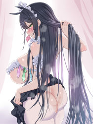 Rule 34 | 1girl, adjusting hair, ariso kaoru, ass, ass cutout, azur lane, bare shoulders, black hair, breasts, butt crack, clothes lift, clothing cutout, condom, covered erect nipples, frills, from behind, green eyes, highres, huge breasts, indomitable (azur lane), indomitable (ms. motivationless maid) (azur lane), maid, maid headdress, multiple condoms, pantyhose, sideboob, skirt, skirt lift, solo, steam, steaming body, thighs, used condom, white pantyhose