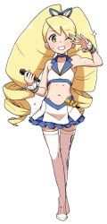 Rule 34 | 1girl, bare arms, bare shoulders, big hair, blonde hair, blush, bracelet, capcom, commentary request, drill hair, frilled bracelet, frilled skirt, frills, full body, green eyes, heriyama, holding, holding microphone, idol, jewelry, long hair, looking at viewer, luna platz (mega man), mega man (series), mega man star force, microphone, midriff, miniskirt, navel, one eye closed, simple background, skirt, smile, solo, standing, thighhighs, twin drills, twintails, white background, white thighhighs, zettai ryouiki
