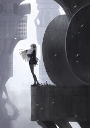 Rule 34 | 1girl, absurdres, black flower, black footwear, black jacket, black pantyhose, black shorts, commentary request, exhaust pipe, expressionless, floating hair, flower, from side, grey hair, hand up, haze, heel up, highres, isekai joucho, jacket, kamitsubaki studio, ledge, light particles, long hair, long sleeves, looking at object, machinery, multicolored hair, necktie, nekoreito, object floating above hand, official alternate costume, outdoors, pantyhose, profile, purple hair, purple necktie, scenery, shoes, shorts, solo, standing, streaked hair, virtual youtuber, weeds, wide shot