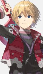 Rule 34 | blonde hair, blue eyes, highres, kinagi (3307377), looking at viewer, male focus, monado, short hair, shulk (xenoblade), simple background, smile, solo, sweater, sword, vest, weapon, xenoblade chronicles (series), xenoblade chronicles 1