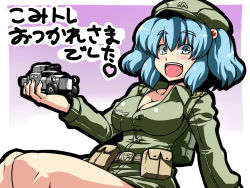 Rule 34 | 1girl, armored vehicle, backpack, bag, blue eyes, blue hair, breasts, cleavage, female focus, gradient background, hair bobbles, hair ornament, hat, highres, kawashiro nitori, large breasts, matching hair/eyes, military, military uniform, military vehicle, randoseru, short hair, solo, touhou, translated, tukiwani, twintails, two side up, uniform, vehicle