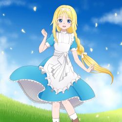 Rule 34 | 1girl, alice zuberg, apron, bad id, bad pixiv id, blonde hair, blue dress, blue eyes, blue sky, braid, commentary request, day, dress, feet out of frame, grass, hairband, highres, leaf, long hair, looking at viewer, outdoors, piatin, puffy short sleeves, puffy sleeves, ribbon, short sleeves, sky, smile, solo, standing, sword art online, sword art online: alicization, teeth, upper teeth only, very long hair, white apron, white hairband