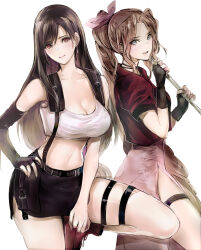 Rule 34 | 2girls, absurdres, aerith gainsborough, bare shoulders, black gloves, black hair, black skirt, boots, breasts, brown hair, cleavage, cowboy shot, crop top, cropped jacket, dress, earrings, elbow gloves, final fantasy, final fantasy vii, final fantasy vii remake, fingerless gloves, gloves, green eyes, hair ribbon, hand on own hip, highres, holding, jacket, jewelry, knee up, large breasts, long hair, looking at viewer, midriff, multiple girls, navel, parted bangs, pink dress, pink ribbon, ponytail, red eyes, red footwear, red jacket, ribbon, shoji sakura, simple background, single earring, single glove, skirt, small breasts, smile, suspender skirt, suspenders, swept bangs, tank top, thigh strap, thighs, tifa lockhart, white background, white tank top