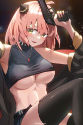 Rule 34 | 1girl, aged up, anya (spy x family), bare shoulders, black jacket, black shirt, black thighhighs, blush, breasts, commentary request, gun, hair ornament, handgun, highres, holding, holding gun, holding weapon, jacket, large breasts, looking at viewer, medium hair, midriff, mumu mago, off shoulder, parted lips, pink hair, pistol, shirt, sleeveless, sleeveless shirt, solo, spy x family, stomach, thighhighs, thighs, weapon, yellow eyes