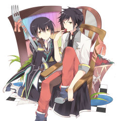 Rule 34 | 2boys, black hair, black jacket, black shirt, blue footwear, brown eyes, brown gloves, chair, checkered floor, coat, dual persona, eating, food, fork, fruit, gloves, hand on own cheek, hand on own face, holding, holding food, holding fruit, jacket, jude mathis, kneeling, male focus, multiple boys, on chair, pants, plant, red pants, rento (rukeai), shirt, sitting, strawberry, tales of (series), tales of xillia, tales of xillia 2, white coat, window