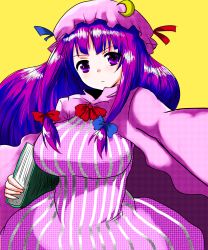 Rule 34 | 1girl, absurdres, book, breasts, crescent, female focus, foreshortening, frown, han (jackpot), hat, highres, patchouli knowledge, purple eyes, purple hair, ribbon, simple background, solo, touhou